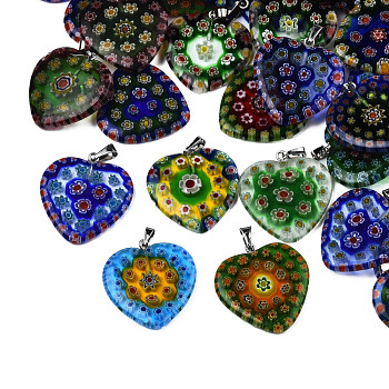 Handmade Millefiori Glass Pendants, with Platinum Plated Iron Findings, Heart, Mixed Color, 27x24x3mm, Hole: 5x2mm