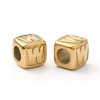 304 Stainless Steel European Beads, Large Hole Beads, Horizontal Hole, Cube with Letter, Golden, Letter.W, 8x8x8mm, Hole: 4mm