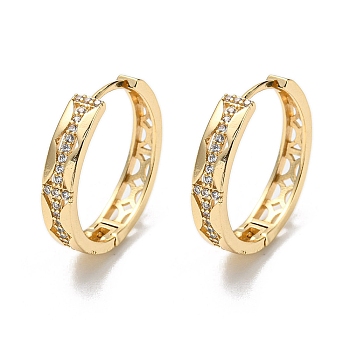 Brass with Clear Cubic Zirconia Hoop Earrings, Hollow Half Round, Light Gold, 24x5mm