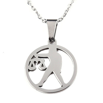 201 Stainless Steel Pendants Necklaces, with Cable Chains and Lobster Claw Clasps, Flat Round with Constellation/Zodiac Sign, Libra, 15-3/4 inch(40cm), 1.5mm