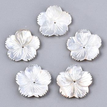 Natural White Shell Mother of Pearl Shell Beads, Carved, Flower, Creamy White, 24x24x2~3mm, Hole: 1.2mm