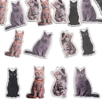 12Pcs 4 Styles Printed Acrylic Pendants, Cat Shape, 39~40x20~34x3mm, Hole: 2mm, 3pcs/style