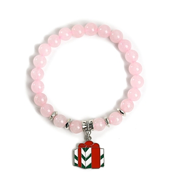 Christmas Theme Natural Rose Quartz Stretch Bracelets, Alloy Enamel Christmas Gift Charm Bracelets for Women, 6-3/4 inch(17cm), 8mm
