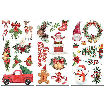 3 Sheets 3 Styles Christmas PVC Waterproof Decorative Stickers, Self Adhesive Decals for Furniture Decoration, Christmas Bell, 300x150mm, 1 sheet/style