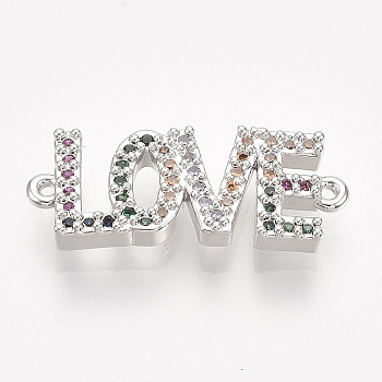 Brass Micro Pave Cubic Zirconia Links, Word Love, Colorful, Platinum, 8.5x22x2.5mm, Hole: 0.8mm