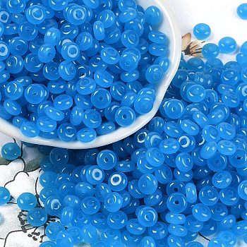 Transparent Colours Glass Seed Beads, Donut, Dodger Blue, 6.5x3mm, Hole: 1.8mm, about 1363pcs/pound