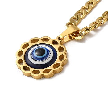 Enamel Flower with Eye Pendant Necklaces, 304 Stainless Steel Curb Chain Necklaces , Golden, 23.46 inch(59.6cm)