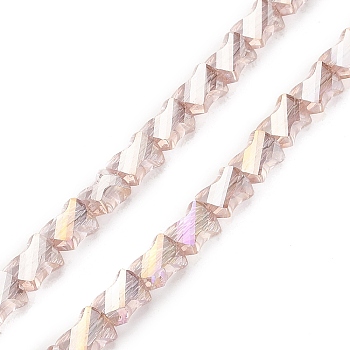 Electroplated Transparent Glass Beads Strands, Half Rainbow Plated, Faceted Twist Rectangle, Rosy Brown, 10x8x5mm, Hole: 1.2mm, about 49~51pcs/strand, 21.26''(54cm)