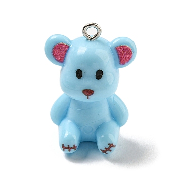 10Pcs Opaque Resin Pendants, Bear Charms with Platinum Plated Iron Loops, Sky Blue, 27.5x19x16.5mm, Hole: 2mm