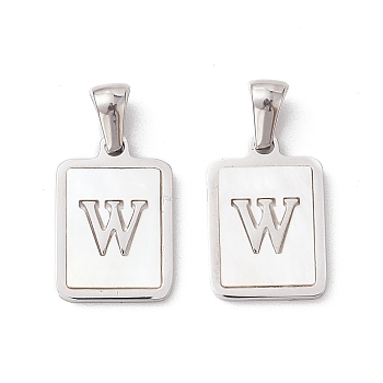 304 Stainless Steel Pave Shell Pendants, Rectangle Charm, Stainless Steel Color, Letter W, 17.5x12x1.5mm, Hole: 3x5mm