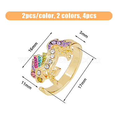 HOBBIESAY 4Pcs 2 Colors Unicorn Colorful Rhinestone Open Cuff Rings Set(RJEW-HY0001-01)-2