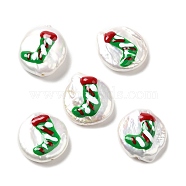 Baroque Style Natural Keshi Pearl Beads, Christmas Theme Beads with Enamel, Flat Round, Seashell Color, Christmas Socking, 17~20x15~17x4~7mm, Hole: 0.7mm(PEAR-G013-01B)