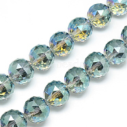 Electroplate Glass Bead Strands, Rainbow Plated, Faceted, Round, Pale Turquoise, 13~14x13~14mm, Hole: 1.5mm, about 50pcs/strand, 26 inch(EGLA-S137-14mm-01)