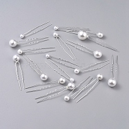 Wedding Bridal Hair Forks Sets, with U Shape Iron Barrette and ABS Imitation Pearl, Silver, 71~84mm, Pin: 1mm, 18pcs/set(OHAR-WH0016-15S)