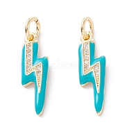 Brass Micro Pave Clear Cubic Zirconia Pendants, with Enamel & Jump Ring, Long-Lasting Plated, Lightning Bolt, Real 18K Gold Plated, Medium Turquoise, 19x5.5x2mm, Hole: 3.6mm(ZIRC-A019-12G-H)