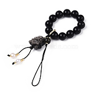 Natural Silver Obsidian & Obsidian & Natural Pearl & Brass for Mobile Phone Straps, Nylon Cord Mobile Accessories Decoration, Black, 14.5~15.5cm, Beads: 3~10mm, Metal Swallowing Beast: 19x16x13.5mm, Ring: 13x2mm(HJEW-N003-01)