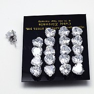Cubic Zirconia Stud Earrings, with 304 Stainless Steel Bases, 316 Surgical Stainless Steel Pin, Grade AAA, Heart, Clear, 4x4mm, Pin: 0.8mm(EJEW-E098-G-01)