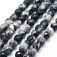 Faceted Natural Fire Crackle Agate Beads Strands, Round, Dyed & Heated, Black, 8mm, Hole: 1mm, about 47pcs/strand, 14 inch(35.6cm)(G-F447-8mm-B06)