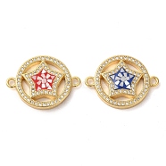 Rack Plating Brass Micro Pave Clear Cubic Zirconia Ring with Star Links Connector Charms, with Enamel & Shell, Real 18K Gold Plated, Long-Lasting Plated, Lead Free & Cadmium Free, Mixed Color, 18x24x4mm, Hole: 2mm(KK-K385-086G)