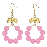 Imitation Jade Glass Beaded Ring Dangle Earrings, Golden Alloy Bowknot Long Drop Earrings, Pearl Pink, 63x32mm(EJEW-JE05567-05)
