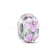 TINYSAND Rhodium Plated 925 Sterling Silver Enamel European Bead, Large Hole Beads, with Cubic Zirconia, Rondelle with Peach Blossom, with 925 Stamp, Platinum, 10.92x10.64x5.64mm, Hole: 3.44mm(TS-S-255)