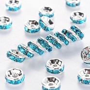 Brass Grade A Rhinestone Spacer Beads, Silver Color Plated, Nickel Free, Aquamarine, 4x2mm, Hole: 0.8mm(RSB034NF-13)