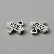 Tibetan Style Alloy Charms, Signage with Word Camp, Antique Silver, 13x12x2mm, Hole: 1.8mm(FIND-CJC0006-35AS)