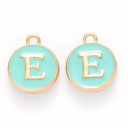 Golden Plated Alloy Enamel Charms, Cadmium Free & Lead Free, Enamelled Sequins, Flat Round with Letter, Turquoise, Letter.E, 14x12x2mm, Hole: 1.5mm(ENAM-S118-05E)