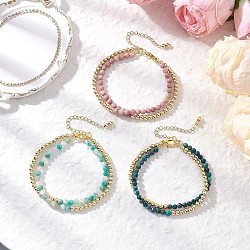 3Pcs Natural Rhodonite & Chrysocolla & Lapis Lazuli &  Dyed Hemimorphite Round Beadeds Double-layered Bracelets for Women, with Brass Spacer Beads, 7-1/8~7-1/4 inch(18~18.5cm)(BJEW-JB12095)