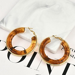 304 Stainless Steel Hoop Earrings For Women, Ring, with Resin, Chocolate, 42mm(EJEW-B113-02G-03)