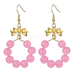 Imitation Jade Glass Beaded Ring Dangle Earrings, Golden Alloy Bowknot Long Drop Earrings, Pearl Pink, 63x32mm(EJEW-JE05567-05)