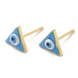 Enamel Triangle with Evil Eye Stud Earrings, Real 18K Gold Plated Brass Jewelry for Women, Deep Sky Blue, 8x9mm, Pin: 0.8mm(EJEW-E274-04G-10)