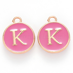 Golden Plated Alloy Enamel Charms, Cadmium Free & Lead Free, Enamelled Sequins, Flat Round with Letter, Camellia, Letter.K, 14x12x2mm, Hole: 1.5mm(ENAM-S118-08K)