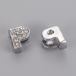 Initial Slide Beads, Alloy Rhinestone Beads, Platinum Color, Letter P, about 8mm wide, 10mm long, 6.5mm thick, hole: 3.5x7mm(X-ZP12-P)