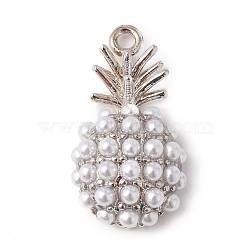 Eco-Friendly Rack Plating Brass Pendants, with Acrylic Imitation Pearl Beads, Long-Lasting Plated, Lead Free & Cadmium Free, Pineapple, Real Platinum Plated, 16.5x9x5mm, Hole: 1mm(KK-F835-13P)