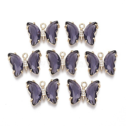 Glass Pendants, with Micro Pave Cubic Zirconia and Brass Open Back Settings, Faceted, Butterfly, Light Gold, Indigo, 15.5x20x4mm, Hole: 1.8mm(X-GLAA-T021-24E)