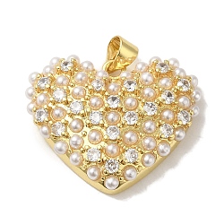 Rack Plating Brass Micro Pave Cubic Zirconia Pendants, with Glass Pearl Beads, Cadmium Free & Lead Free, Long-Lasting Plated, Heart, Real 18K Gold Plated, 21x25x5.5mm, Hole: 3.5x3mm(KK-P272-06G)