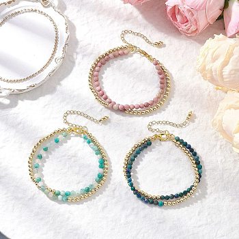 3Pcs Natural Rhodonite & Chrysocolla & Lapis Lazuli &  Dyed Hemimorphite Round Beadeds Double-layered Bracelets for Women, with Brass Spacer Beads, 7-1/8~7-1/4 inch(18~18.5cm)