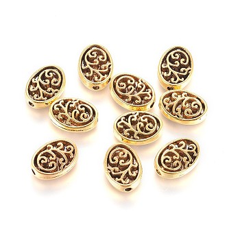 Hollow Tibetan Style Alloy Beads, Oval, Antique Golden, 12x9x3mm, Hole: 1.6mm