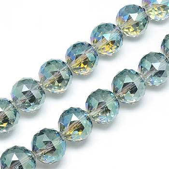 Electroplate Glass Bead Strands, Rainbow Plated, Faceted, Round, Pale Turquoise, 13~14x13~14mm, Hole: 1.5mm, about 50pcs/strand, 26 inch