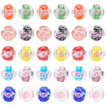 PandaHall Elite 60Pcs 10 Colors Handmade Luminous Inner Flower Lampwork Beads, Round, Mixed Color, 12mm, Hole: 2mm, 6pcs/color