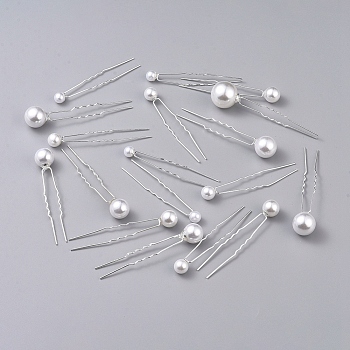 Wedding Bridal Hair Forks Sets, with U Shape Iron Barrette and ABS Imitation Pearl, Silver, 71~84mm, Pin: 1mm, 18pcs/set