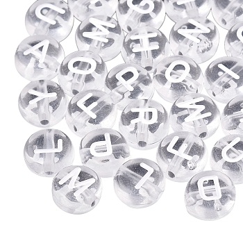 Transparent Acrylic Beads, Flat Round with White Mixed Letters, Clear, 7x4mm, Hole: 1.5mm, about 1480pcs/200g