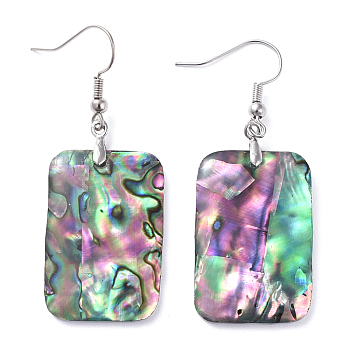 Abalone Shell/Paua Shell Dangle Earrings, with Brass Ice Pick Pinch Bails and Earring Hooks, 
Rectangle, Platinum, 51mm, Pin: 0.7mm