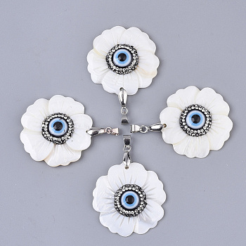 Freshwater Shell Pendants, with Polymer Clay Rhinestone, Evil Eye Resin and Platinum Tone Brass Ice Pick Pinch Bails, Flower, Seashell Color, PP12(1.8~1.9mm), 38.5x39.5x6~8.5mm, Hole: 4x5.5mm