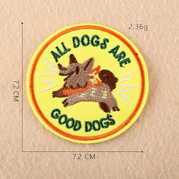 Computerized Embroidery Cloth Iron on/Sew on Patches, Costume Accessories, Appliques, Flat Round with Dog, Yellow, 7.2cm