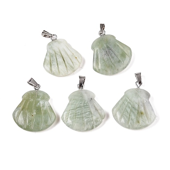 Natural New Jade Pendants, Shell Shaped Charms with Platinum Plated Metal Snap on Bails, 24.5x20.5~21x5.5~6mm, Hole: 2x5.5mm