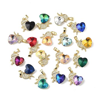 Real 18K Gold Plated Rack Plating Brass Micro Pave Clear Cubic Zirconia Pendants, with Glass, Long-Lasting Plated, Cadmium Free & Lead Free, Boy with Heart Charm, Mixed Color, 19.5x18x7.5mm, Hole: 5.5x3.5mm