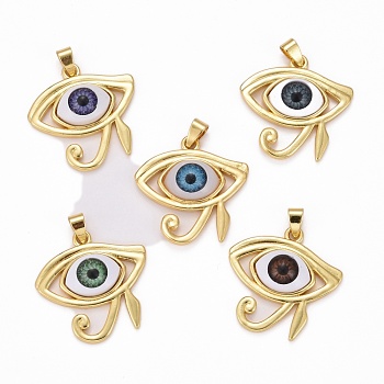 Brass Pendants, Real 18K Gold Plated, Long-Lasting Plated, with Resin Cabochons, Eye, Mixed Color, 29.5x29.50x7.5mm, Hole: 3.5x5mm
