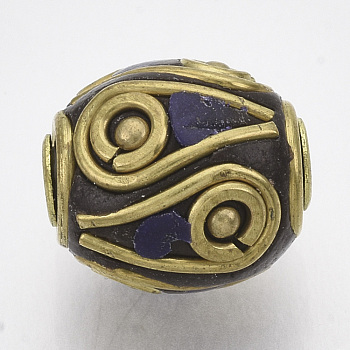 Handmade Indonesia Beads, with Alloy Findings and Resin, Antique Golden, Barrel, DarkSlate Blue, 12x10mm, Hole: 2mm